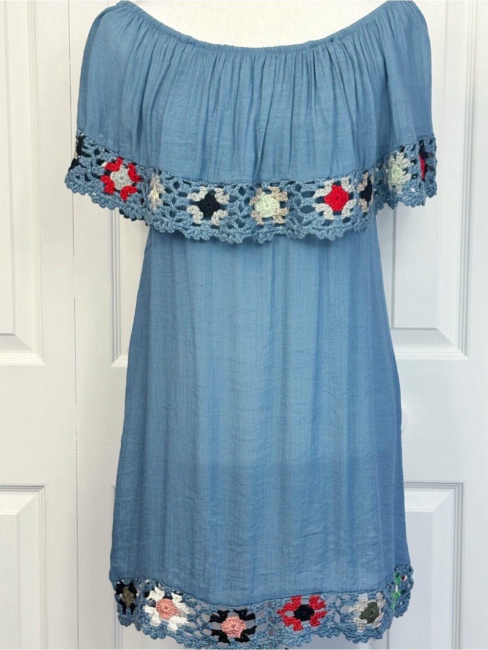 NWT Beach by Exist Blue Crochet Granny Square Off Shoulder Swim Coverup L/XL